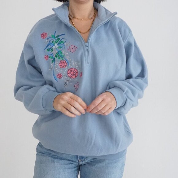 Vintage Separate Scene Blue Embroidered Snowflake Fleece Quarter Zip Sweater M - Picture 2 of 11